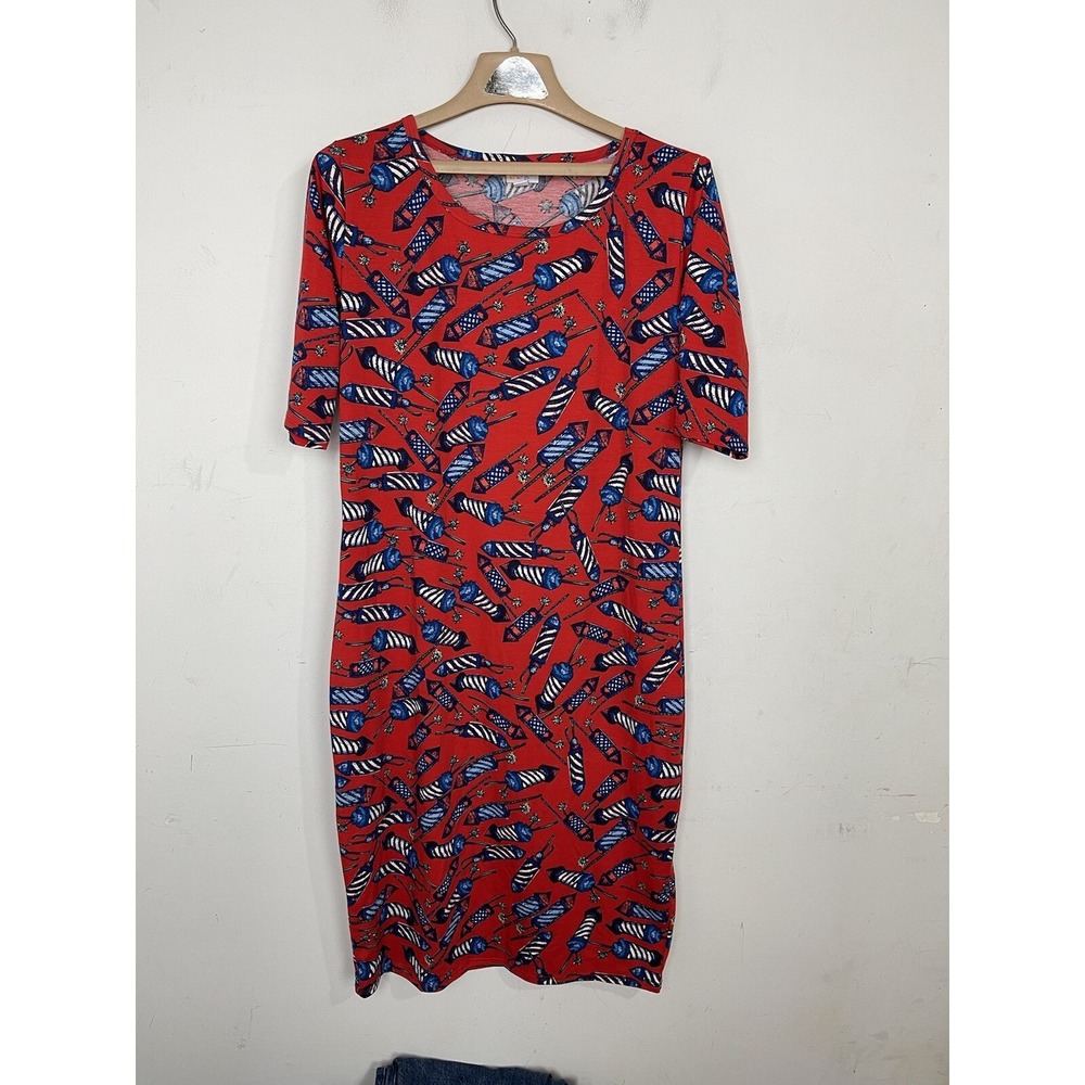Lularoe‎ Womens Dress XL 4th of July Patriotic Firecracker Midi Summer Long Red